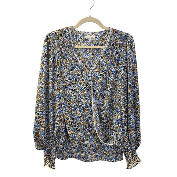 Max Studio Floral Faux Wrap Bodice Smocked Blouse Size Small - Picture 1 of 7